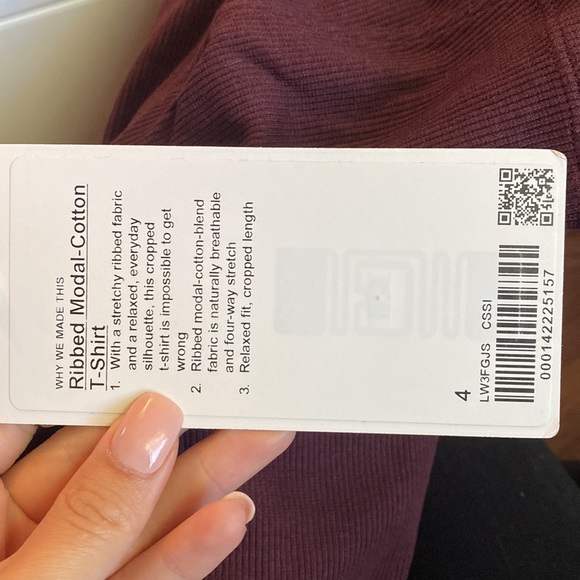 BNWT! Lululemon size 4 Ribbed Cotton Modal shirt in color CASSIS - Picture 9 of 9